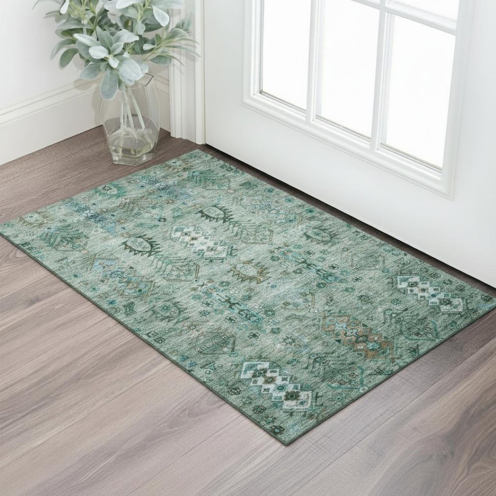 HomeRoots 5' X 8' Green & Teal Southwestern Area Rug - Washable, Stain-Resistant, UV Protected for Homes 716457
