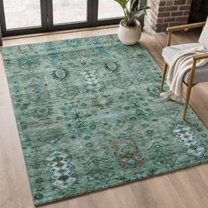 HomeRoots 8' Green and Teal Southwestern Round Rug – Machine Washable, UV Protected, Non-Slip Backing for Durability 716458