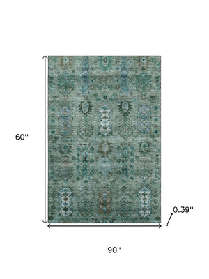 HomeRoots 8' Green and Teal Southwestern Round Rug – Machine Washable, UV Protected, Non-Slip Backing for Durability 716458