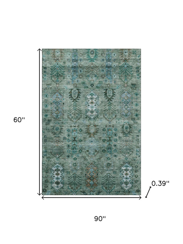 HomeRoots 8' Green and Teal Southwestern Round Rug – Machine Washable, UV Protected, Non-Slip Backing for Durability 716458
