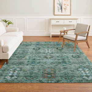 HomeRoots 8' Green and Teal Southwestern Round Rug – Machine Washable, UV Protected, Non-Slip Backing for Durability 716458