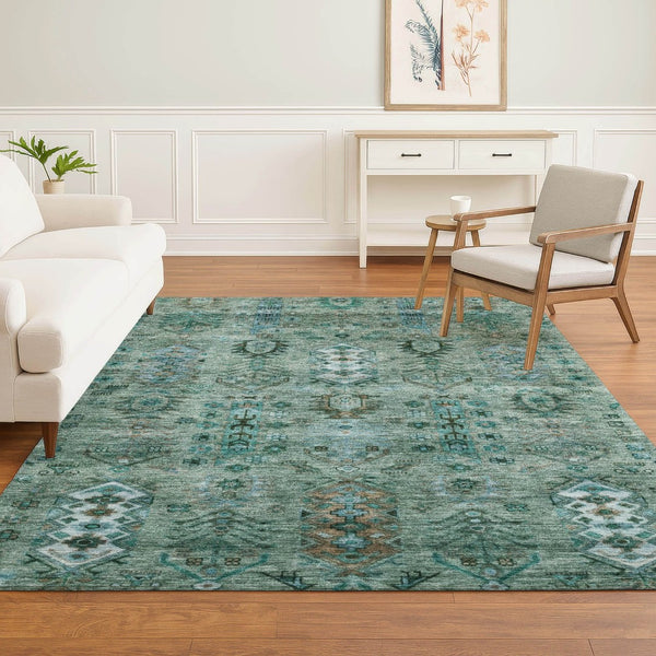 HomeRoots 8' Green and Teal Southwestern Round Rug – Machine Washable, UV Protected, Non-Slip Backing for Durability 716458