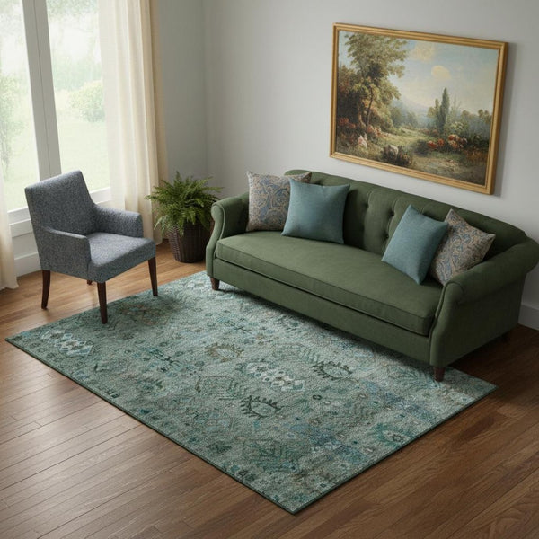HomeRoots 8' Green and Teal Southwestern Round Rug – Machine Washable, UV Protected, Non-Slip Backing for Durability 716458