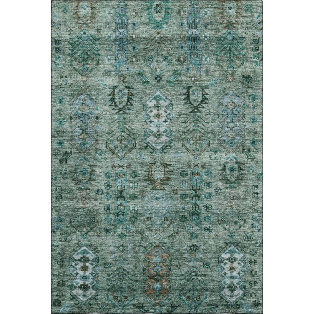 HomeRoots 9' X 12' Southwestern Green and Teal Washable Area Rug with UV Protection for Busy Homes & Decor 716460
