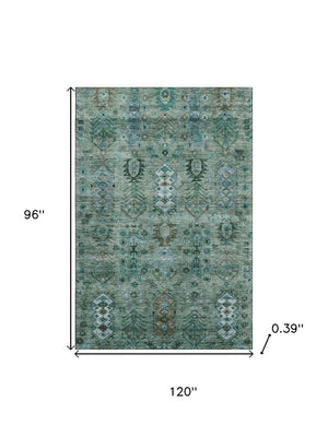 HomeRoots 9' X 12' Southwestern Green and Teal Washable Area Rug with UV Protection for Busy Homes & Decor 716460
