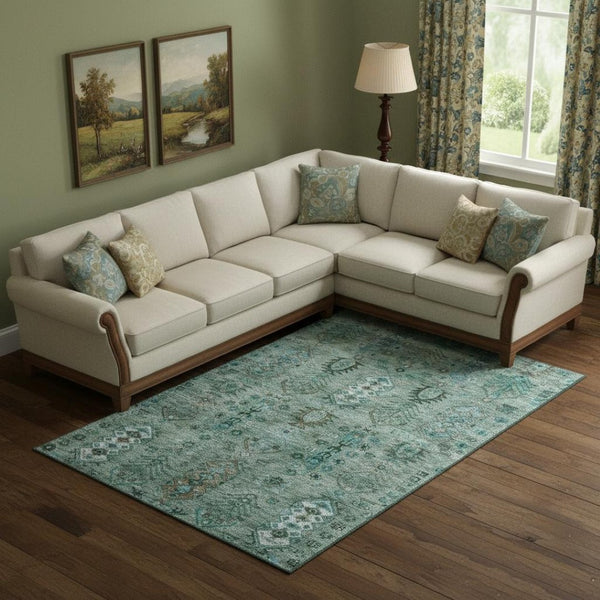 HomeRoots 9' X 12' Southwestern Green and Teal Washable Area Rug with UV Protection for Busy Homes & Decor 716460