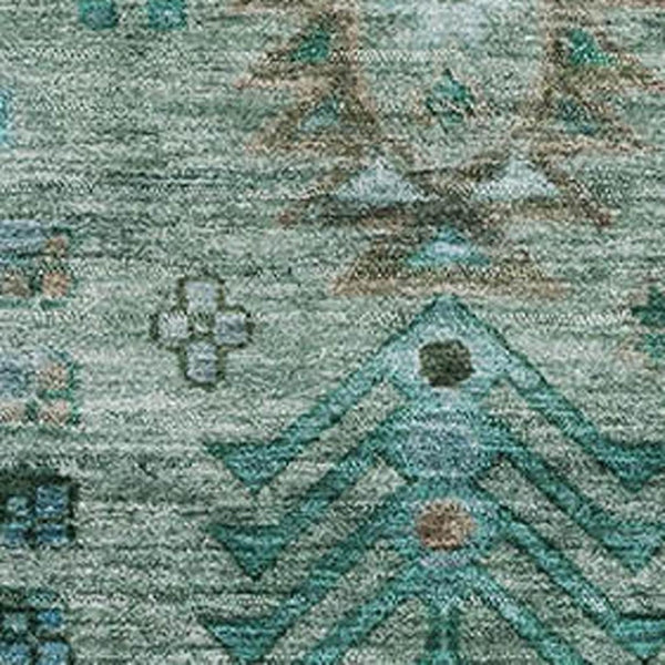 HomeRoots 10' Southwestern Washable Area Rug in Green & Teal, UV-Protected, Stain Resistant for Homes & Patios 716461