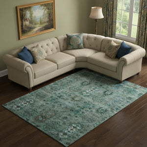 HomeRoots 10' Southwestern Washable Area Rug in Green & Teal, UV-Protected, Stain Resistant for Homes & Patios 716461