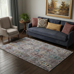 HomeRoots 8' Gray and Teal Southwestern Round Rug – Washable, UV-Protected, Stain-Resistant for Versatile Spaces 716464