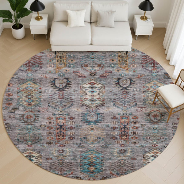 HomeRoots 8' X 10' Gray and Teal Southwestern Area Rug - Washable, UV Protected, Non-Slip for Busy Homes 716465