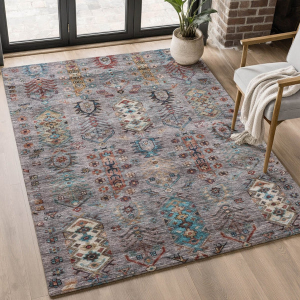 HomeRoots 9' X 12' Gray and Teal Southwestern Washable Area Rug with UV Protection for Stylish Homes 716466