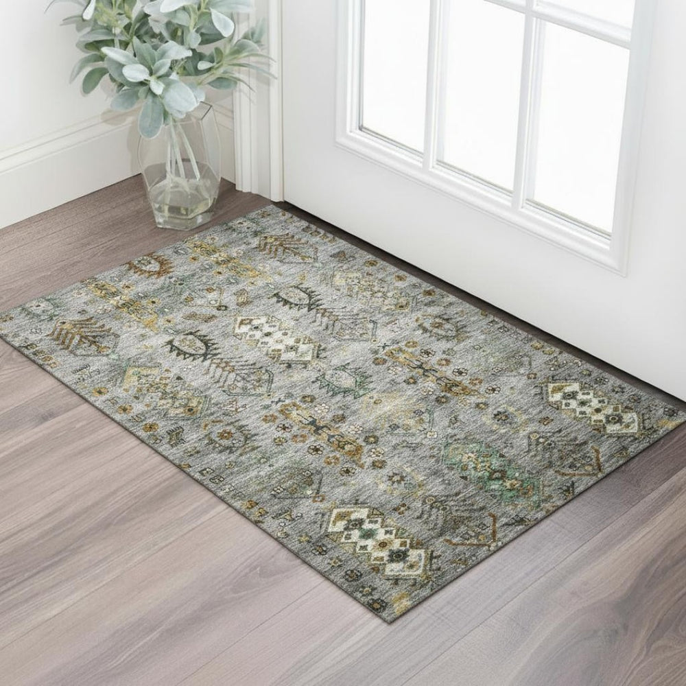HomeRoots 5' X 8' Pewter and Gold Southwestern Area Rug - Washable, UV-Protected, Durable for Homes with Kids & Pets 716469