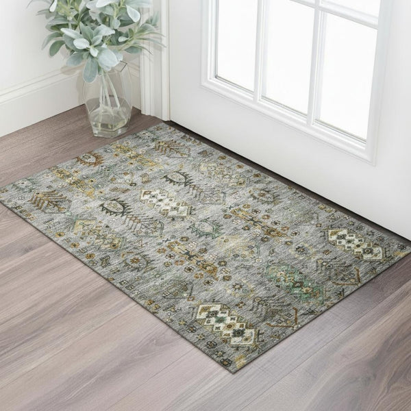 HomeRoots 5' X 8' Pewter and Gold Southwestern Area Rug - Washable, UV-Protected, Durable for Homes with Kids & Pets 716469