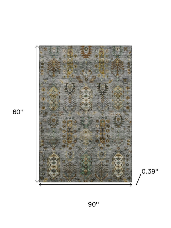 HomeRoots 8' Southwestern Round Rug in Pewter & Gold - Washable, UV-Protected, Stain-Resistant Beauty for Home 716470