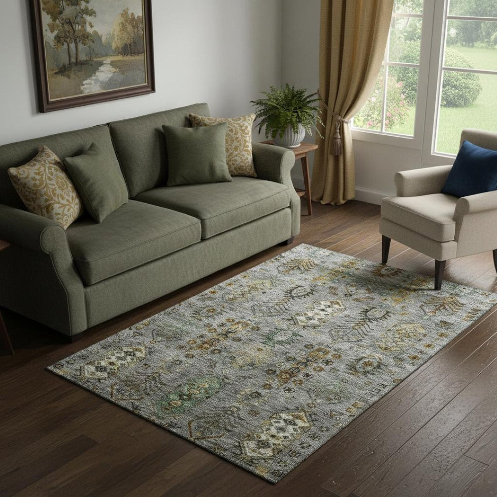HomeRoots 8' Southwestern Round Rug in Pewter & Gold - Washable, UV-Protected, Stain-Resistant Beauty for Home 716470