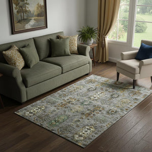 HomeRoots 8' Southwestern Round Rug in Pewter & Gold - Washable, UV-Protected, Stain-Resistant Beauty for Home 716470