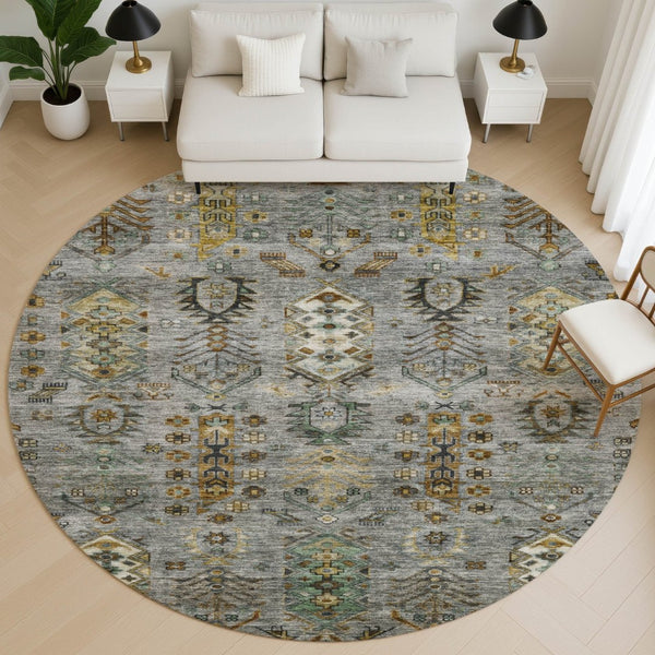 HomeRoots 8' X 10' Southwestern Pewter and Gold Washable Area Rug with UV Protection for Everyday Living 716471