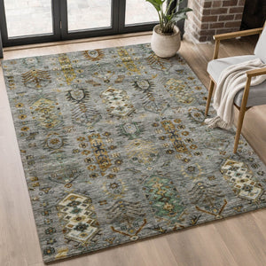 HomeRoots 9' X 12' Southwestern Washable Area Rug in Pewter & Gold - UV Protected, Durable & Stylish Design 716472