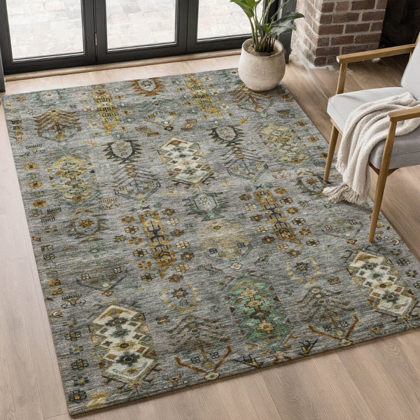 HomeRoots 9' X 12' Southwestern Washable Area Rug in Pewter & Gold - UV Protected, Durable & Stylish Design 716472