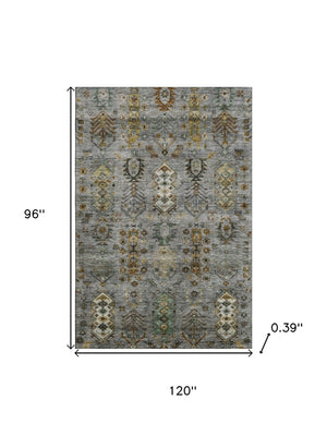 HomeRoots 9' X 12' Southwestern Washable Area Rug in Pewter & Gold - UV Protected, Durable & Stylish Design 716472