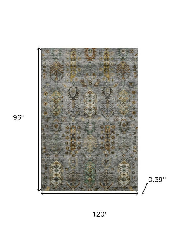 HomeRoots 9' X 12' Southwestern Washable Area Rug in Pewter & Gold - UV Protected, Durable & Stylish Design 716472