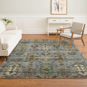 HomeRoots 9' X 12' Southwestern Washable Area Rug in Pewter & Gold - UV Protected, Durable & Stylish Design 716472