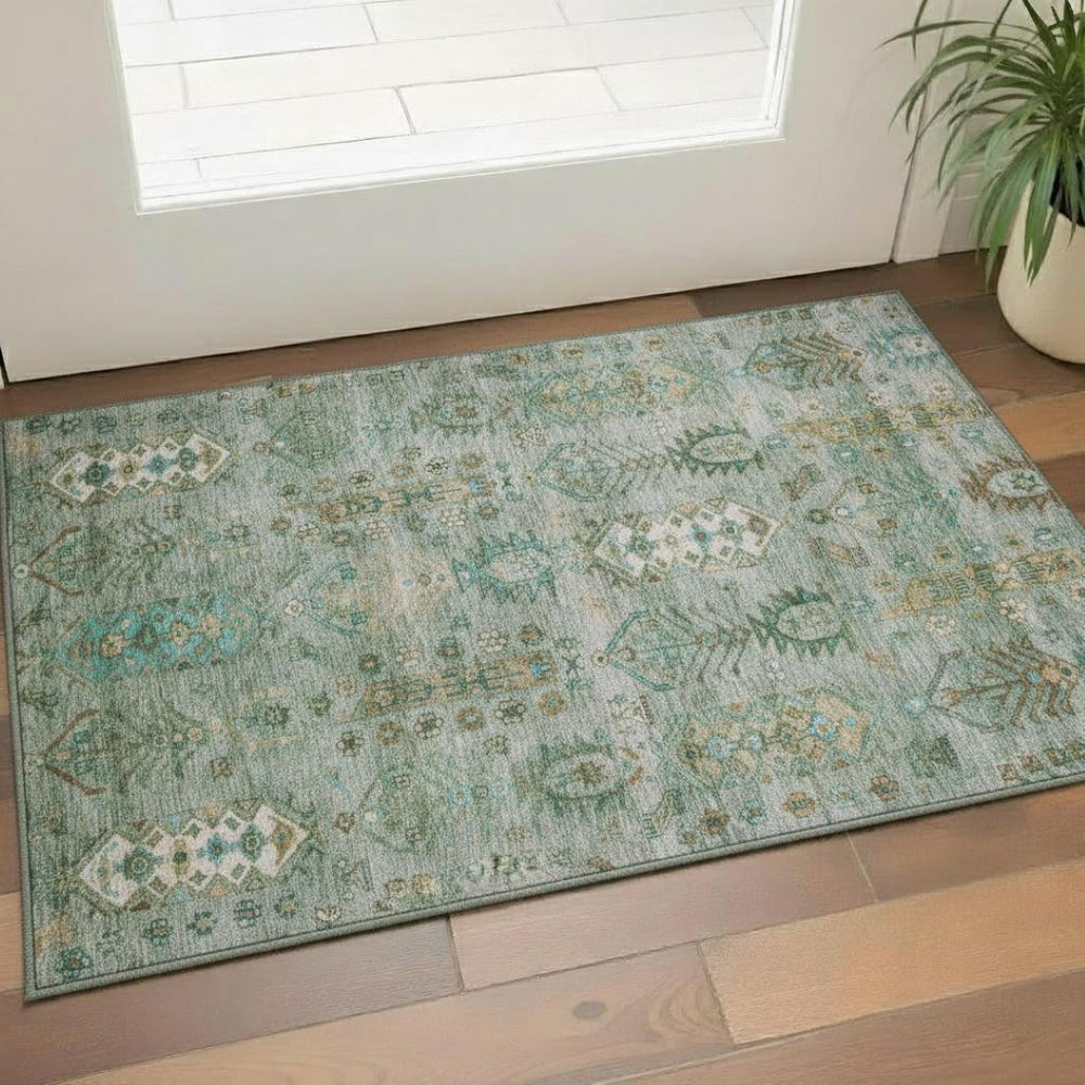 HomeRoots 5' X 8' Sage & Copper Southwestern Area Rug - Washable, UV-Protected, & Stain-Resistant Design! 716475
