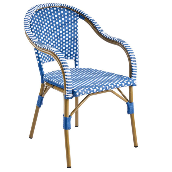 English Elm Outdoor Woven Rattan Bistro Armchairs Set of 2 Aluminum Frame Patio Cafe Seating Blue,Natural+White N768P386559N