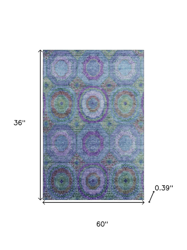 HomeRoots 5' X 8' Blue & Purple Geometric Area Rug - Washable, UV Protected, Non-Slip for High-Traffic Homes 716481