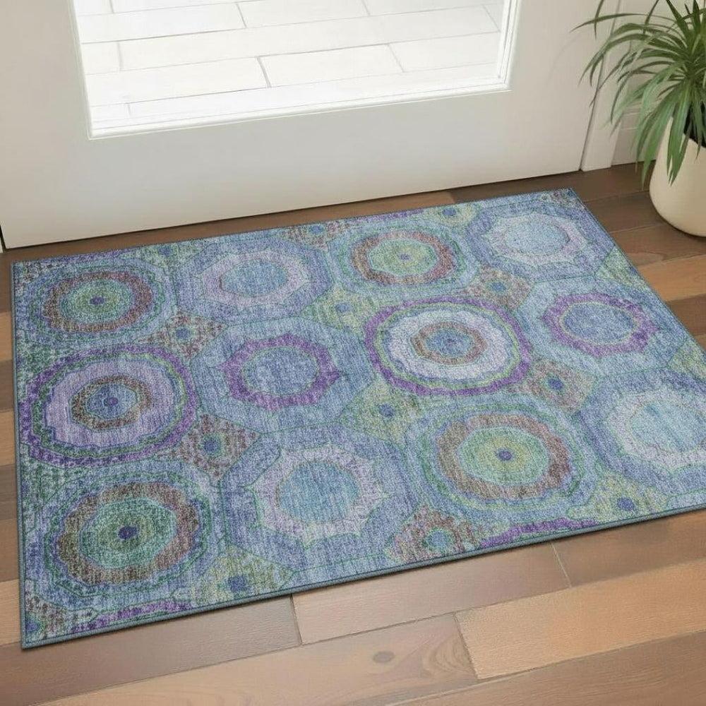 HomeRoots 5' X 8' Blue & Purple Geometric Area Rug - Washable, UV Protected, Non-Slip for High-Traffic Homes 716481