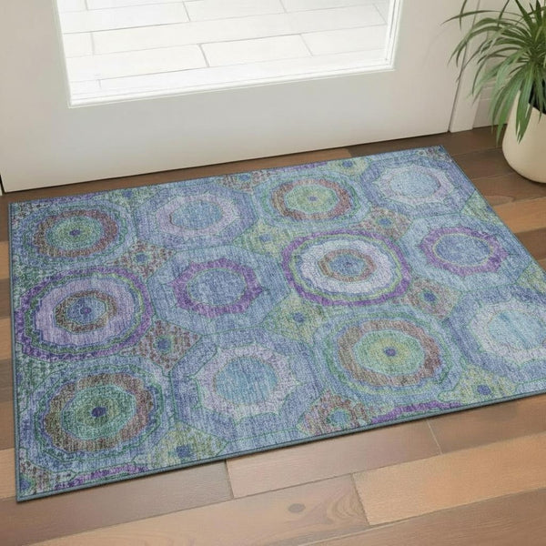 HomeRoots 5' X 8' Blue & Purple Geometric Area Rug - Washable, UV Protected, Non-Slip for High-Traffic Homes 716481