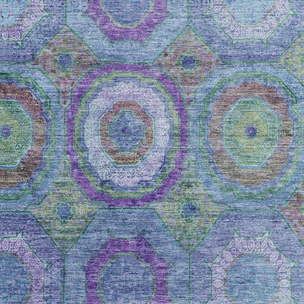 HomeRoots 8' Blue and Purple Geometric Round Rug - Washable, UV-Protected, Non-Slip, Family-Friendly Style! 716482