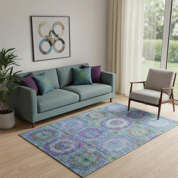 HomeRoots 8' Blue and Purple Geometric Round Rug - Washable, UV-Protected, Non-Slip, Family-Friendly Style! 716482