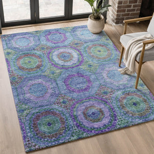 HomeRoots 9' X 12' Blue and Purple Geometric Area Rug - Washable, UV-Protected, Durable for High-Traffic Areas 716484