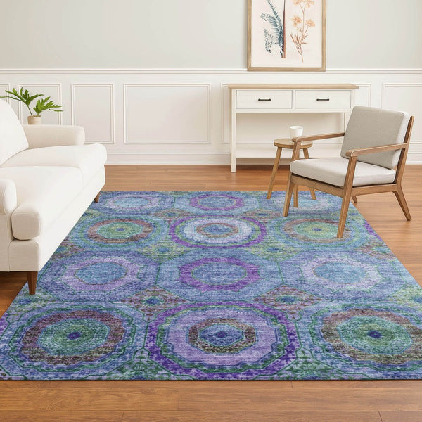 HomeRoots 9' X 12' Blue and Purple Geometric Area Rug - Washable, UV-Protected, Durable for High-Traffic Areas 716484