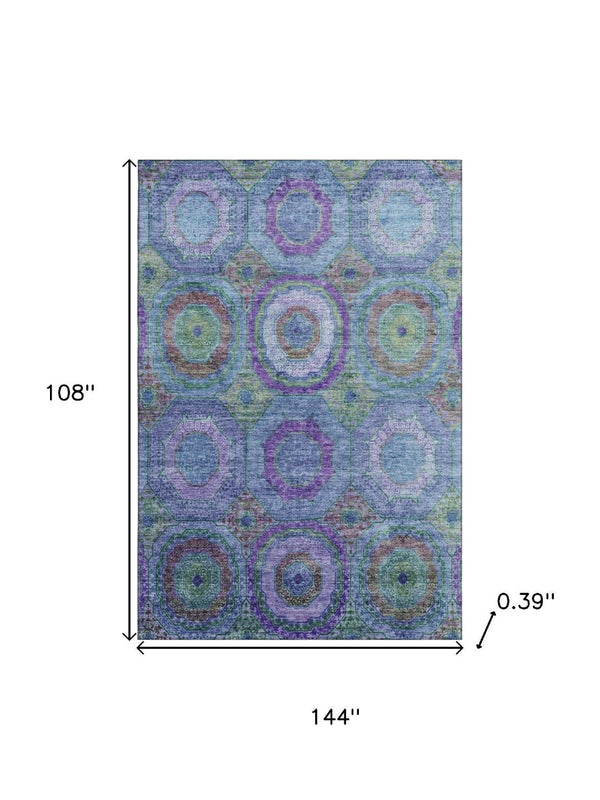 HomeRoots 10' Blue & Purple Geometric Washable Area Rug - Durable, UV Protected, Machine Washable for Easy Care 716485