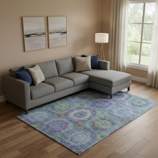 HomeRoots 10' Blue & Purple Geometric Washable Area Rug - Durable, UV Protected, Machine Washable for Easy Care 716485