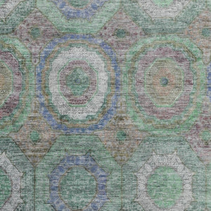 HomeRoots 5' X 8' Geometric Area Rug in Green and Gray - Washable, UV-Protected, Stain-Resistant, Non-Slip! 716487