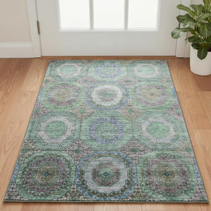 HomeRoots 5' X 8' Geometric Area Rug in Green and Gray - Washable, UV-Protected, Stain-Resistant, Non-Slip! 716487