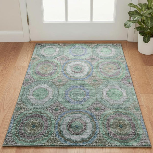 HomeRoots 5' X 8' Geometric Area Rug in Green and Gray - Washable, UV-Protected, Stain-Resistant, Non-Slip! 716487