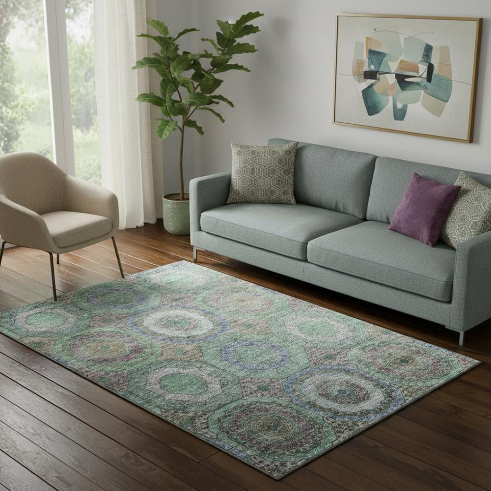 HomeRoots 8' Green And Gray Geometric Washable Round Rug – Durable, Stain-Resistant, UV-Protected & Stylish! 716488