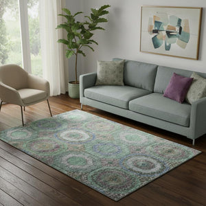 HomeRoots 8' Green And Gray Geometric Washable Round Rug – Durable, Stain-Resistant, UV-Protected & Stylish! 716488