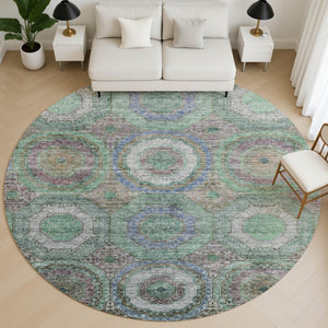 HomeRoots 8' X 10' Green And Gray Geometric Area Rug - Washable, UV-Protected, Durable for High-Traffic Areas 716489