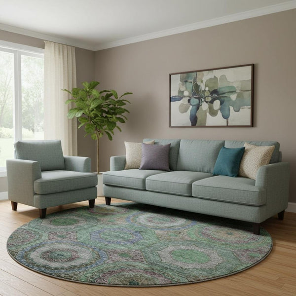 HomeRoots 8' X 10' Green And Gray Geometric Area Rug - Washable, UV-Protected, Durable for High-Traffic Areas 716489
