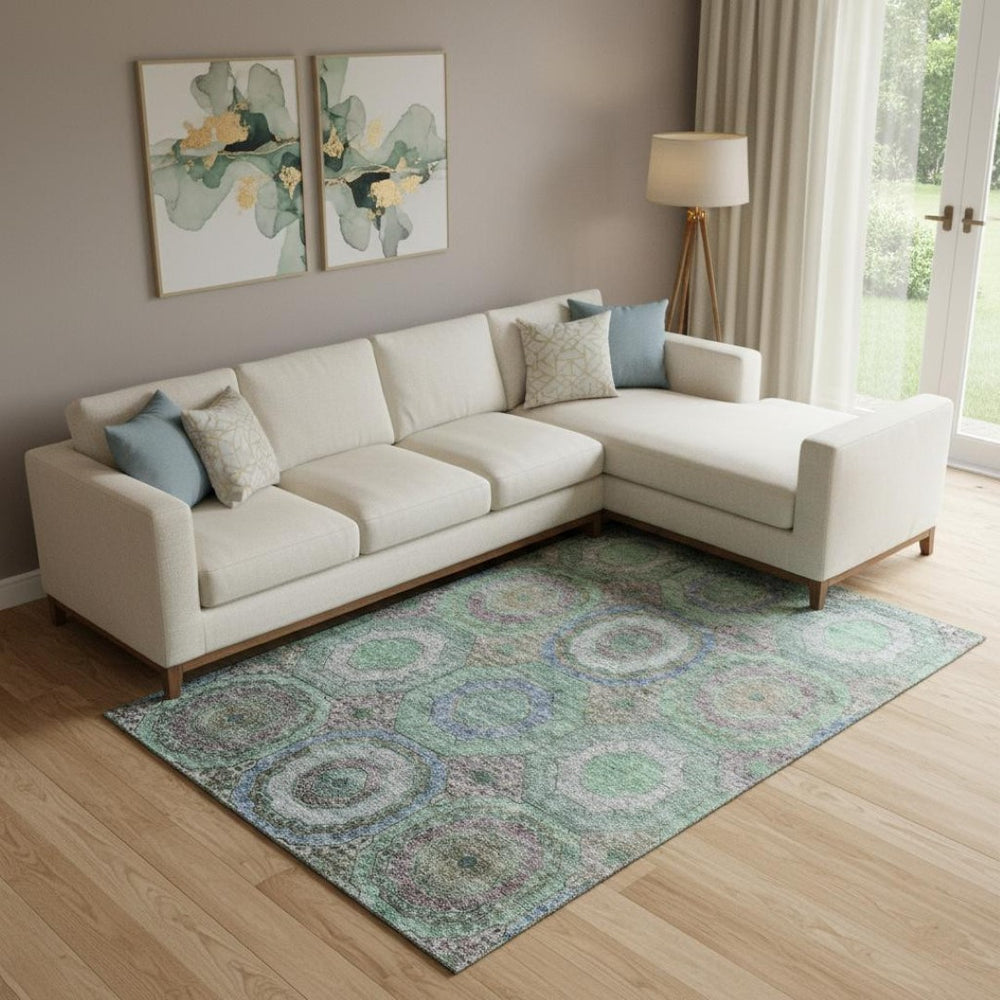 HomeRoots 9' X 12' Geometric Area Rug in Green & Gray - Washable, UV Protected, Stain Resistant for Modern Homes 716490