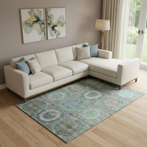 HomeRoots 9' X 12' Geometric Area Rug in Green & Gray - Washable, UV Protected, Stain Resistant for Modern Homes 716490