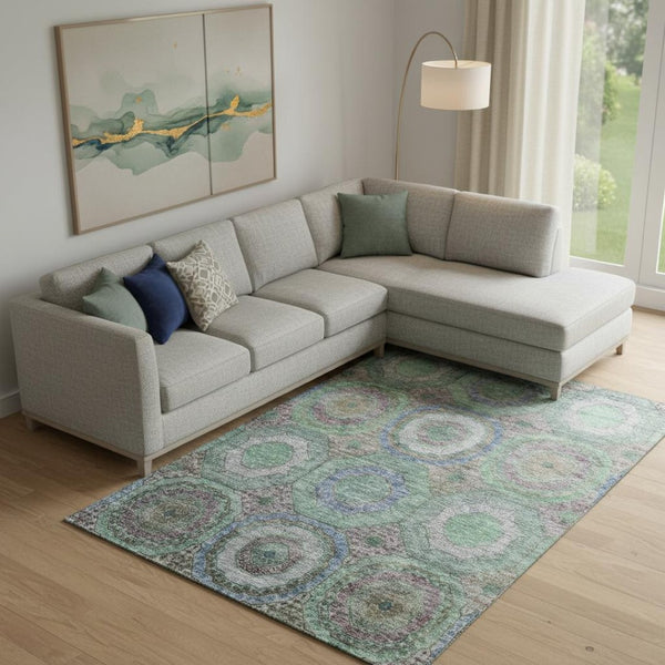 HomeRoots 10' X 14' Modern Green and Gray Geometric Area Rug - Washable, Stain Resistant, UV Protected! 716491
