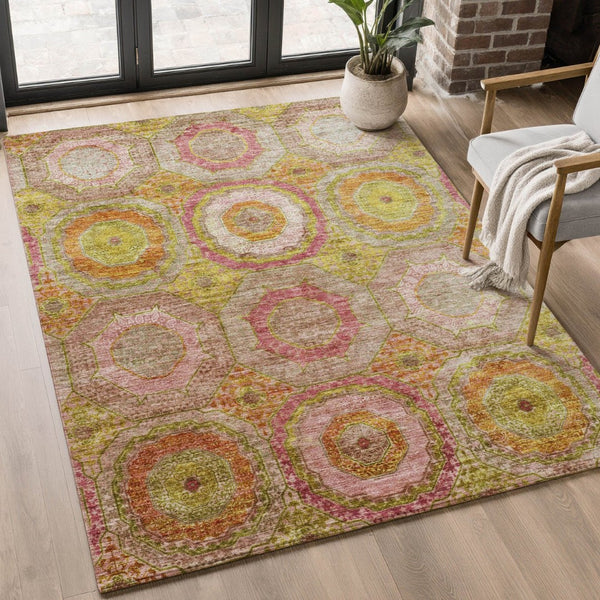 HomeRoots 5' X 8' Vibrant Orange and Pink Geometric Area Rug – Washable, UV Protected, Durable & Stylish Accent 716493