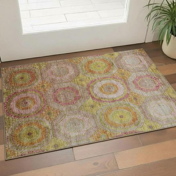 HomeRoots 5' X 8' Vibrant Orange and Pink Geometric Area Rug – Washable, UV Protected, Durable & Stylish Accent 716493