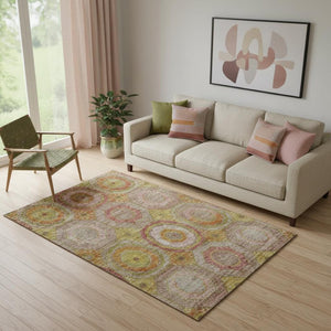 HomeRoots 8' Vibrant Orange and Pink Geometric Round Rug with UV Protection – Washable, Durable, Non-Slip Design 716494